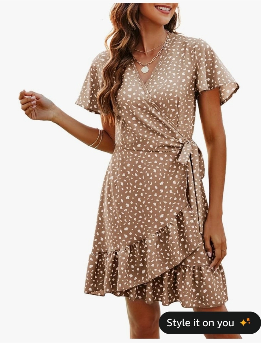 Amazon Tan Wrap Mini Dress with White Dot Print